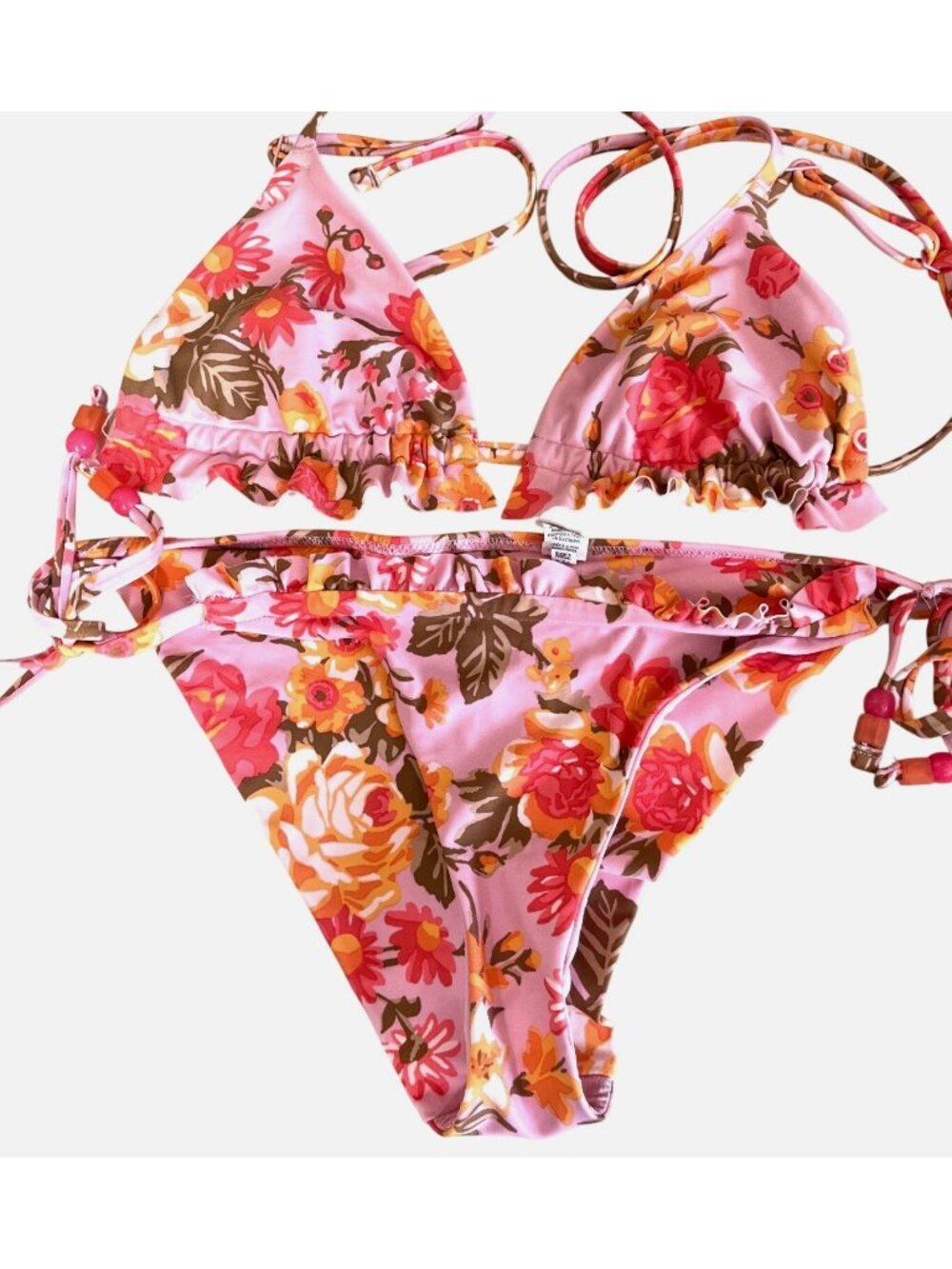 Aerie Bikini Set Swimsuit Ruffle Pink Floral Tie Cheekier String Triangle Wom SM
